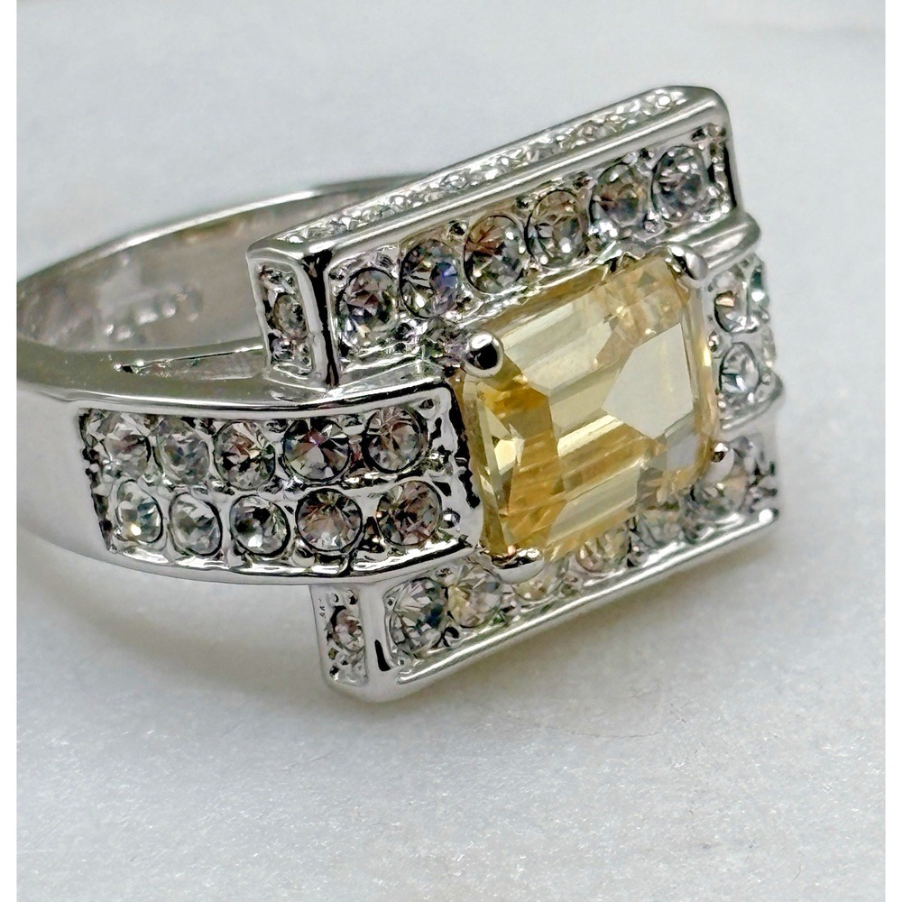 Camille Lucie Cocktail Ring Cubic Zirconia 9 Rhodium Plated Silver Tone READ